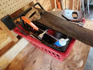 lot 60 image: Assorted Hand Tools and Hardware in Red Storage Bin