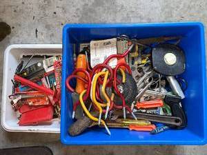 lot 88 image: Assorted Hardware and Hand Tools Lot in Storage Bins