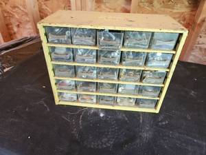 lot 28 image: Vintage Industrial Hardware Storage Cabinet with Assorted Parts