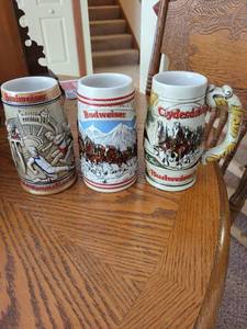 lot 105 image: Set of 3 Budweiser Collectible Steins - Los Angeles 1984 Olympics & Clydesdales Design