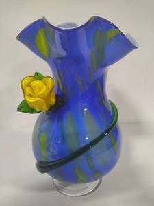 Murano Style Art Glass Vase with Rose