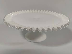 lot 9 image: FENTON Silvercrest White Milk Glass Ruffled Pedestal Cake Plate