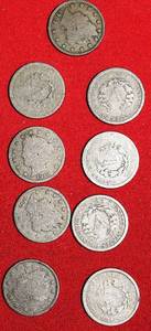 NINE (9) 20TH CENTURY LIBERTY NICKELS 1902/3/6/7/8/9/10/11/1912D