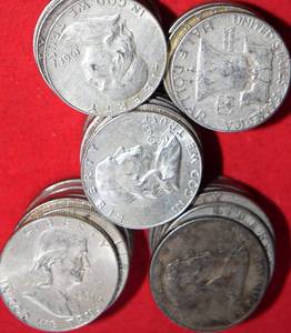 lot 482 image: FIFTY (50) 90% SILVER FRANKLIN HALF DOLLARS