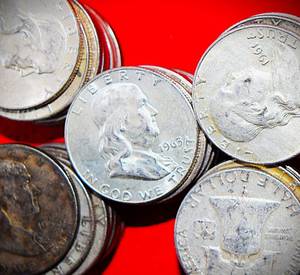 lot 483 image: FIFTY (50)  90% SILVER FRANKLIN HALF DOLLARS
