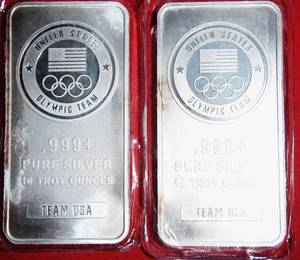 TWO (2) 10 OUNCE .999+ SILVER BARS USA OLYMPIC TEAM DESIGN
