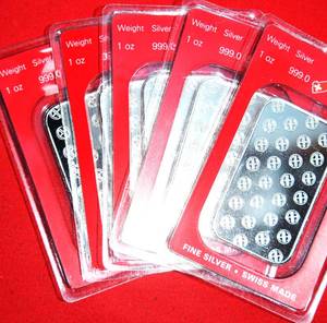 lot 496 image: FIVE (5) ONE OUNCE SILVER BARS .999 FINE