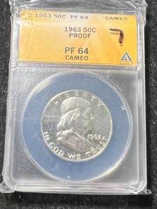 lot 07 image: 1963 US PROOF FRANKLIN HALF DOLLAR ANACS PF64 CAMEO