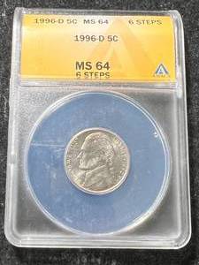 lot 11 image: 1996-D US JEFFERSON NICKEL ANACS MS64 6 STEPS