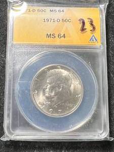 lot 23 image: 1971-D US KENNEDY HALF DOLLAR ANACS MS64