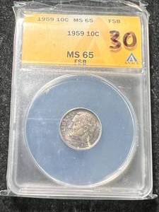 lot 30 image: 1959 US ROOSEVELT DIME ANACS MS65 FSB