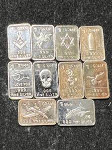 lot 45 image: 10 GRAMS .999 FINE SILVER FRACTIONAL BARS