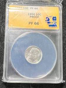lot 65 image: 1950 US PROOF ROOSEVELT DIME ANACS PF66