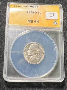 lot 72 image: 1958-D US JEFFERSON NICKEL ANACS MS64
