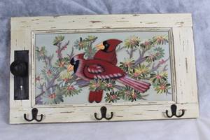 lot 11 image: Vintage-style Wall Hanging with Cardinal Painting and Hooks