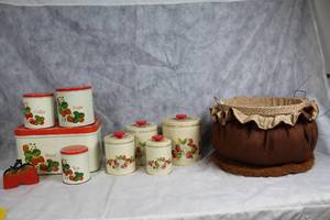 lot 12 image: Vintage Canister Set and Burlap Lined Bread Basket