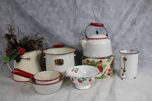 lot 22 image: Vintage Enamelware Kitchen Set with Floral Arrangement