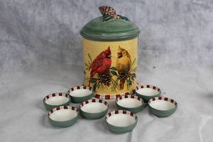 lot 24 image: Lenox Winter Greetings Cookie Jar with Cardinal Design and 8 Ceramic Bowls