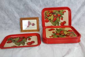 lot 27 image: Set of 9 Strawberry Themed Serving Trays with Framed Artwork