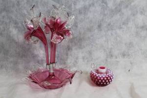 lot A-28 image: Victorian Cranberry and Clear Glass Epergne and Candle Holder