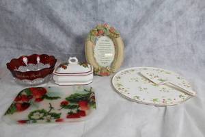 lot 29Y image: Decorative Collection Vintage Glass Bowl, Strawberry Decorated China and More