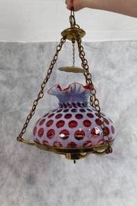 Vintage Fenton Cranberry Opalescent Hanging Lamp with Hobnail Pattern
