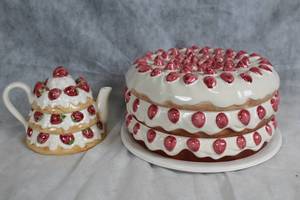lot 52 image: Strawberry Cake-Themed Ceramic Teapot and Cake Platter Set