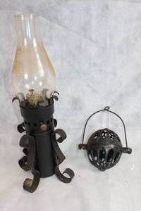 lot 61 image: Vintage Iron Oil Lamp with Protective Holder