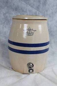 lot A-77Y image: Vintage 2-Gallon Stoneware Crock Dispenser with Lid and Spigot