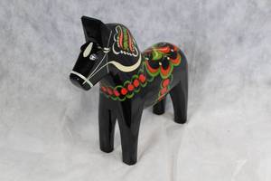 Swedish Handcrafted Black Dala Horse by Grannas with Floral Design