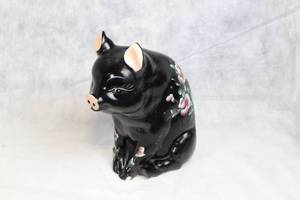 lot 79 image: Vintage Black Piggy Bank with Floral Design