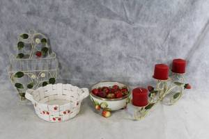 lot 86 image: Decorative Strawberry-Themed Basket, Bowl, and Candle Holder Set