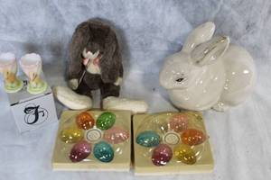 lot 87 image: Collection of Easter Decor Fenton Votive Holders, Glass Eggs, Plush Rabbit, Ceramic Bunny