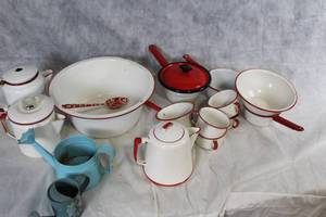 lot 89 image: Vintage Enamelware Kitchen Set with Red Trim, 13 Pieces