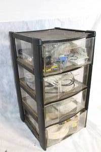 lot 97 image: Black Plastic Storage Drawers with Assorted Hardware and Tools