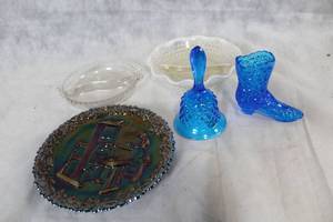 lot 103 image: Set of 5 Vintage Glass Decorative Items Bell, Boot, and Plates