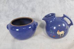 lot 105 image: Set of 2 Vintage Blue Ceramic Vessels with Donkey Motif