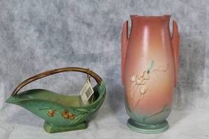 lot A-123 image: Pair of Vintage Roseville Pottery Vases with Floral Designs