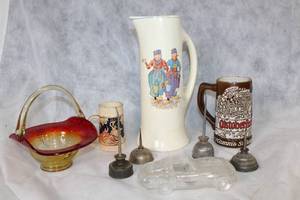 lot 124 image: Assorted Vintage Ceramic Mugs, Glass Basket, Pitcher, and Collectible Car Model