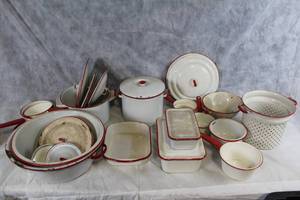 lot 126 image: Collection of Vintage White and Red Enamel Cookware and Baking Dishes