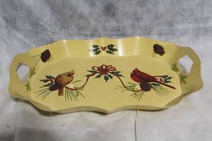 lot 133 image: Decorative Metal Holiday Tray with Cardinal and Pinecone Design