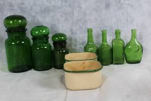 lot 134 image: Collection of Vintage Green Glass Bottles and Canisters