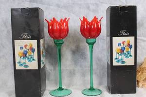 lot 136Y image: Pair of Flair 2001 Red Glass Tulip Flower Candle Holders