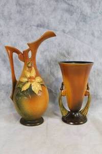 lot A-137 image: Pair of Roseville Pottery Vases with Yellow Flower and Pinecone Motifs