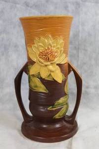 lot A-141Y image: Roseville USA 82-11 Brown Ceramic Vase with Floral Design