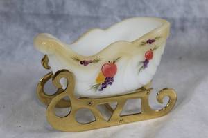 lot 151Y image: Vintage Hand-Painted Milk Glass Sleigh with Fruit Design