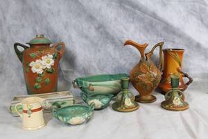 lot A-162Y image: Set of 9 Roseville Pottery Pieces with Floral Design