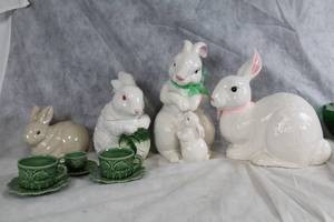 lot 164 image: Set of Ceramic Bunny Figurines and Decorative Green Tea Cups