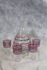 lot 170Y image: Vintage Glass Carafe and Tumbler Set with Red and Blue Stripes