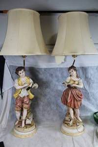 lot 176 image: Pair of Porcelain Figurine Table Lamps with Boy and Girl Design